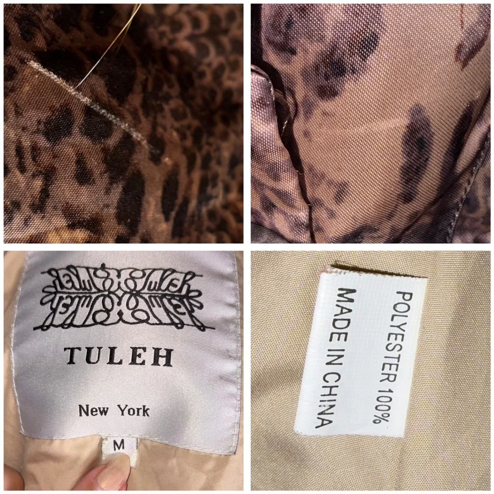 Tuleh Y2K Leopard Print Real Fur Trim Hooded Trench Coat M B35 W31 H38 DAMAGED